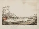 Ferdinand Runk, Der Markt Ehrenhausen und das gräfl. Leslie'sche Bergschloß, outline etching, contemporary coloration, with slim white margins