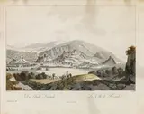 Ferdinand Runk, Die Stadt Friesach, outline etching, contemporary coloration, with slim white margins