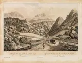 Ferdinand Runk, Straße über den Berg Loibl gegen Kärnthen, outline etching, contemporary coloration, with slim white margins