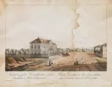 Ferdinand Runk, Ansicht des gräflich Khevenhillerischen Schlosses Freudenau in Unter-Steyermark, outline etching, contemporary coloration, with slim white margins, water stains