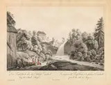 Ferdinand Runk, Der Teufelsbach und das Schloss Engelseck, outline etching, contemporary coloration, with slim white margins