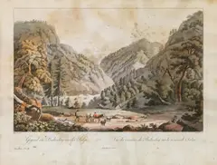 Ferdinand Runk, Gegend im Beckenlug an der Salza, outline etching, contemporary coloration, with slim white margins
