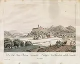 Ferdinand Runk, Das Stift Sanct-Paul im Lavantthale, outline etching, contemporary coloration, with slim white margins