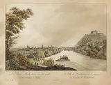 Ferdinand Runk, Die Stadt Radkersburg und das gräfl. Wurmbrand'sche Schloss, outline etching, contemporary coloration, with slim white margins