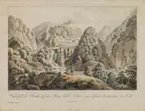 Ferdinand Runk, Wasserfall und Brücke auf dem Berge Loibl, outline etching, contemporary coloration, with slim white margins