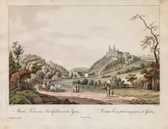 Ferdinand Runk, Mariä-Trost, eine Kirchfahrt nächst Grätz, outline etching, contemporary coloration, with slim white margins