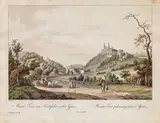 Ferdinand Runk, Mariä-Trost, eine Kirchfahrt nächst Grätz, outline etching, contemporary coloration, with slim white margins