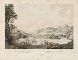 Ferdinand Runk, Mürzthal bey Kapfenberg, outline etching, contemporary coloration, with slim white margins