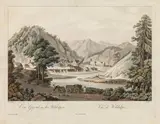 Ferdinand Runk, Eine Gegend in der Wildalpen, outline etching, contemporary coloration, with slim white margins