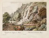 Ferdinand Runk, Wasserfall an der Straße von Murau, outline etching, contemporary coloration, with slim white margins