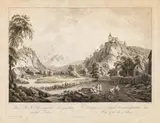 Ferdinand Runk, Das K.K. Pflegegericht Freyenstein nächst Leoben, outline etching, contemporary coloration, with slim white margins