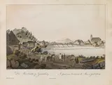Ferdinand Runk, Die Murbrücke zu Judenburg, outline etching, contemporary coloration, with slim white margins