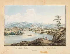 Ferdinand Runk, Die Stadt Leoben, outline etching, contemporary coloration, with slim white margins