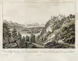 Ferdinand Runk, Das Schloss Wernberg an der Drau nächst Villach, outline etching, contemporary coloration, with slim white margins