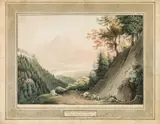 Martin von Molitor, Ansicht des Lechthales bey Reutti in Tirol, outline etching, contemporary coloration, cut to image size