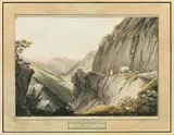Martin von Molitor, Ansicht des Einganges der Straße über den Arlberg, outline etching, contemporary coloration, cut to image size