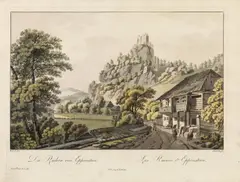 Ferdinand Runk, Die Rudera von Eppenstein, outline etching, contemporary coloration, with slim white margins