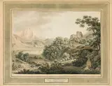 Martin von Molitor, Ansicht des Schlosses Petersberg in Tirol, outline etching, contemporary coloration, cut to image size