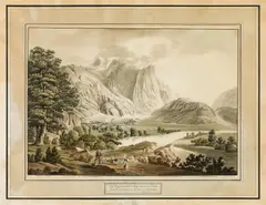 Jakob Gauermann, Die Engelswand bey Umhausen in Tirol, outline etching, contemporary coloration, cut to image size