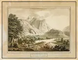 Jakob Gauermann, Die Engelswand bey Umhausen in Tirol, outline etching, contemporary coloration, cut to image size