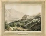Martin von Molitor, Ansicht des Schlosses Ambras in Tirol, outline etching, contemporary coloration, cut to image size