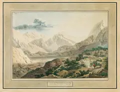 Jakob Gauermann, Ansicht des Finsterthaler Ferners in Tirol, outline etching, contemporary coloration, cut to image size