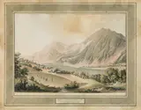 Martin von Molitor, Ansicht des Schlosses Trazberg in Tirol, outline etching, contemporary coloration, cut to image size