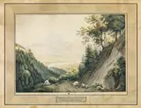 Martin von Molitor, Ansicht des Lechthales bey Reutti in Tirol, outline etching, contemporary coloration, cut to image size