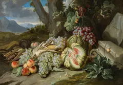 Alexander Coosemans, Fruit still life in landscape, oil on canvas