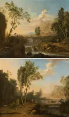 Jan van Huysum, Arcadian river landscape with waterfall & Arcadian river landscape with wood bridge (a pair), oil on canvas