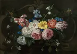 Master of 1518, Flower bouquet in front of a stone relief, oil on canvas