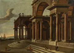 Jakob Ferdinand Saeys, Palace architecture in front of a Mediterranean harbour, 1705, oil on canvas, unframed