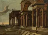 Jakob Ferdinand Saeys, Palace architecture in front of a Mediterranean harbour, 1705, oil on canvas, unframed