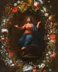 Andries Daniels, Assumption of the Virgin Mary in floral wreath, c. 1615, oil on canvas