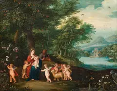 Jan Brueghel the Younger, The Holy Family with the infant St. John the Baptist and angels, oil on copper on wood