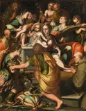 The city of Parma pays homage to Mary with her child; St. Bernhard degli Uberti presents the personification of the city Parma to the Virgin Mary, accompanied by Blessed Bernardine of Feltre and the saints Catherine of Alexandria, Elisabeth, Sebatian, Roch and Joseph by follower of Gandini del Grano, oil on canvas, offered Oct 2016