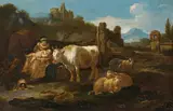 Johann Heinrich Roos, Shepherds and their animals in a landscape, oil on canvas