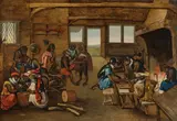 Marten van Cleve, Monkeys in a guardroom, oil on panel, parqueted