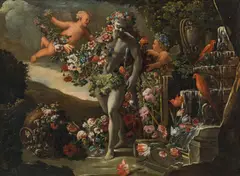 Abraham Brueghel, Flower still life with Apollo and putti, oil on canvas