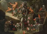Abraham Brueghel, Flower still life with Apollo and putti, oil on canvas