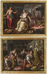 Dirck de Vries, Kitchen scenes (a pair), oil on canvas