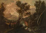 Antonio Francesco Peruzzini, Mountain landscape with river and figures, oil on canvas