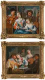 Johann Georg Platzer, A musical company (a pair) - Interior with lovers at table and musicians in the background & Elegant lady and a girl with musicians and landscape background, oil on copper / silvered metal