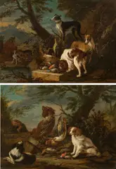 Adriaen de Gryeff, Hunting dogs with their prey, oil on panel