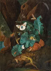 Forest ground still life with snake, lizard, snails and insects by Karl Wilhelm de Hamilton, oil on panel, sold Oct 2016