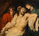 follower of Peter Paul Rubens, The lamentation of Christ by Mary and John, oil on panel, parqueted