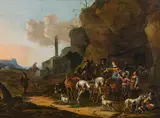 Simon Johannes van Douw, Rest in southern landscape, oil on panel