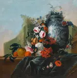 attributet to Gaspare Lopez, Still life with flowers and vase in a landscape, oil on canvas