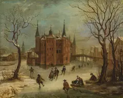 Frans de Momper, Iced river landscape with water castle, oil on panel