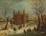 Frans de Momper, Iced river landscape with water castle, oil on panel